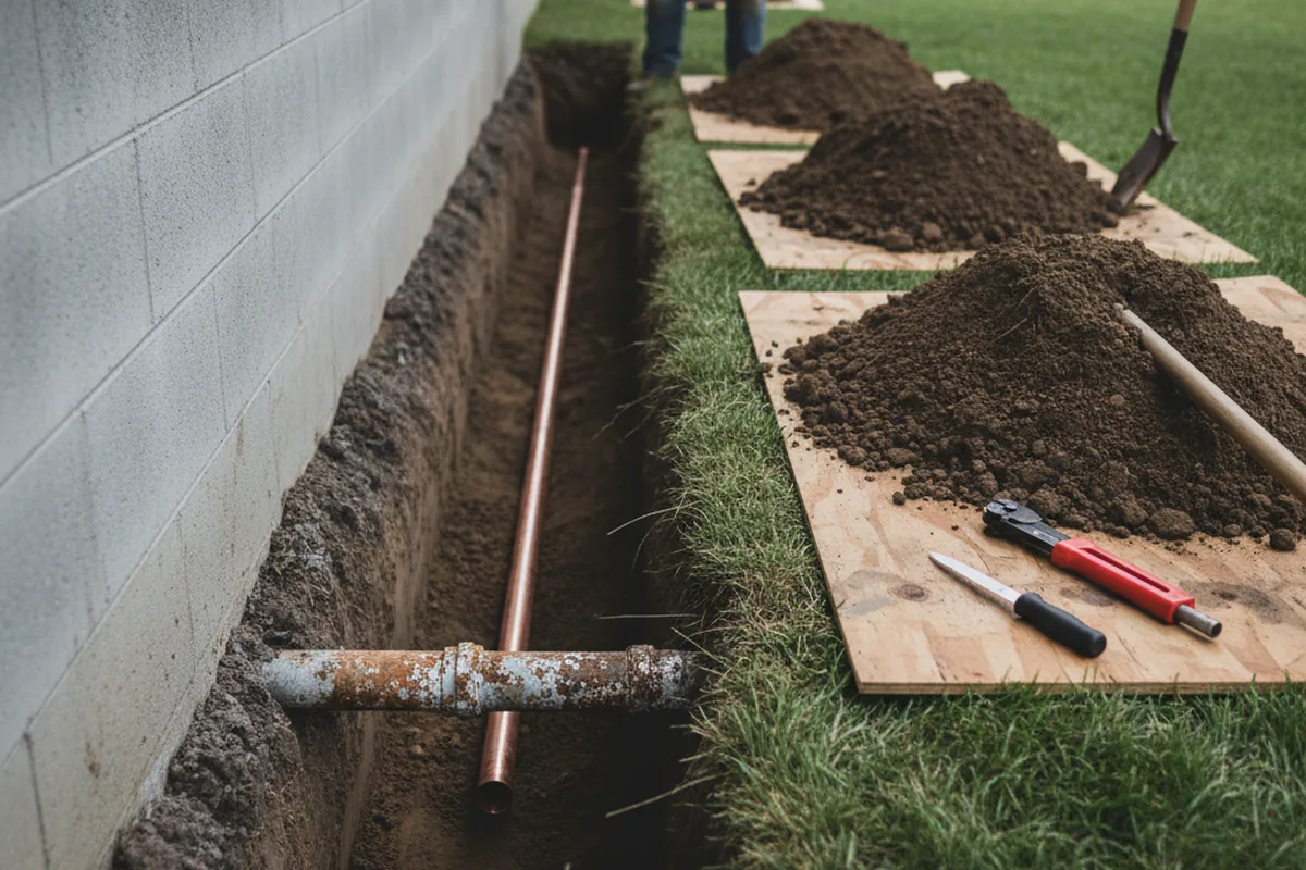 Excavated water line trench during Water Heater Repair in Adrian